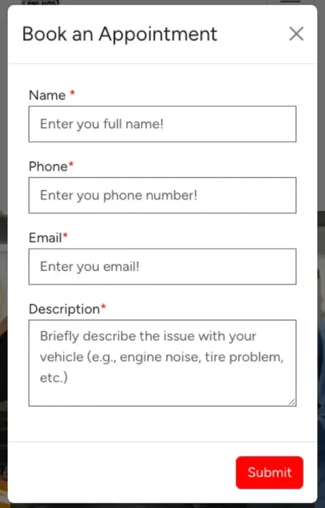 Book an Appointment form with no date or time field