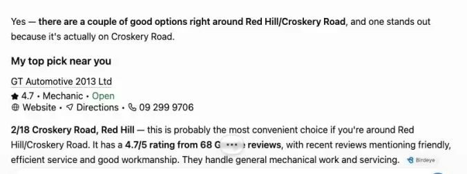 ChatGPT recommending GT Automotive at 2/18 Croskery Road