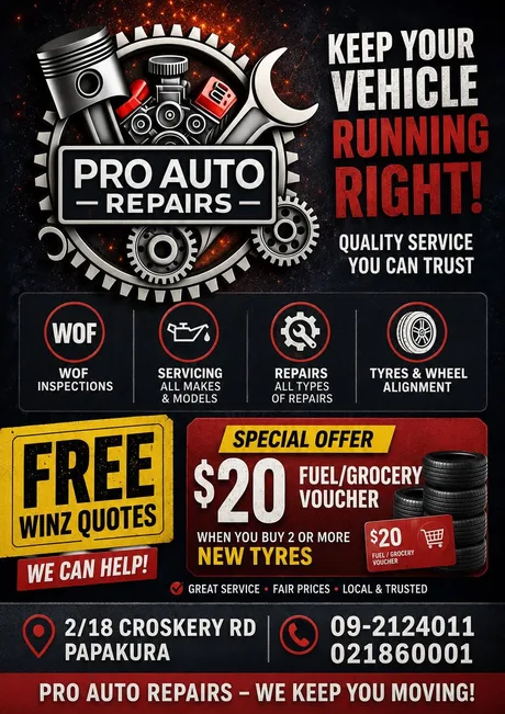 Pro Auto Repairs flyer offering free WINZ quotes