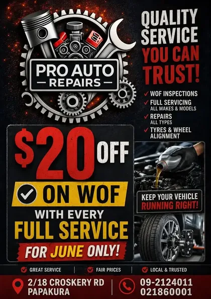Pro Auto Repairs WOF offer flyer