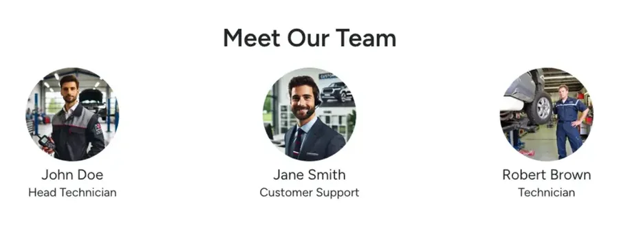 Meet Our Team page showing John Doe, Jane Smith and Robert Brown