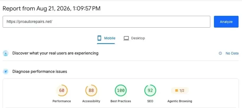 Google PageSpeed Insights scores for proautorepairs.net