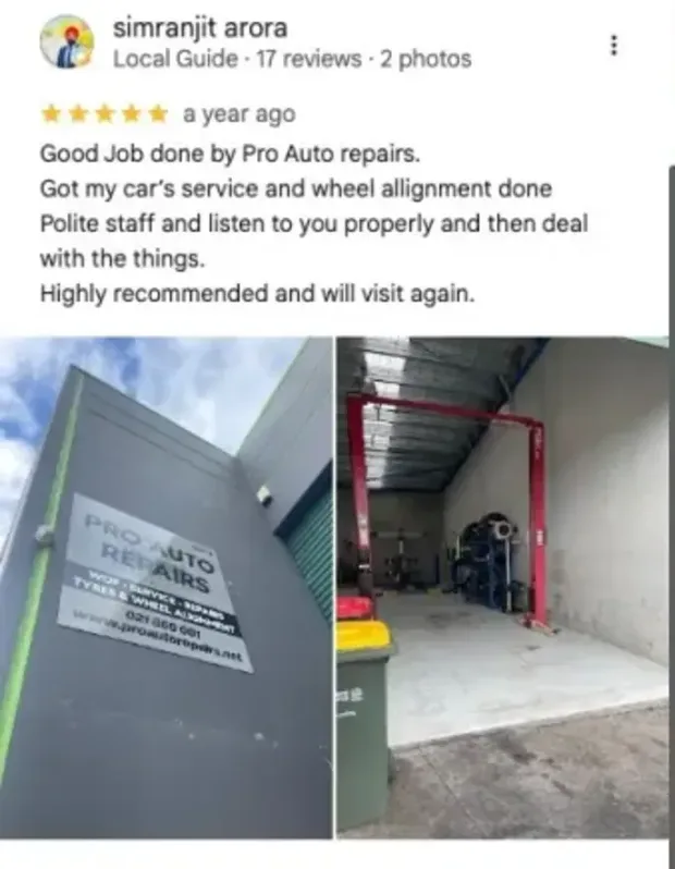 A five-star Google review of Pro Auto Repairs