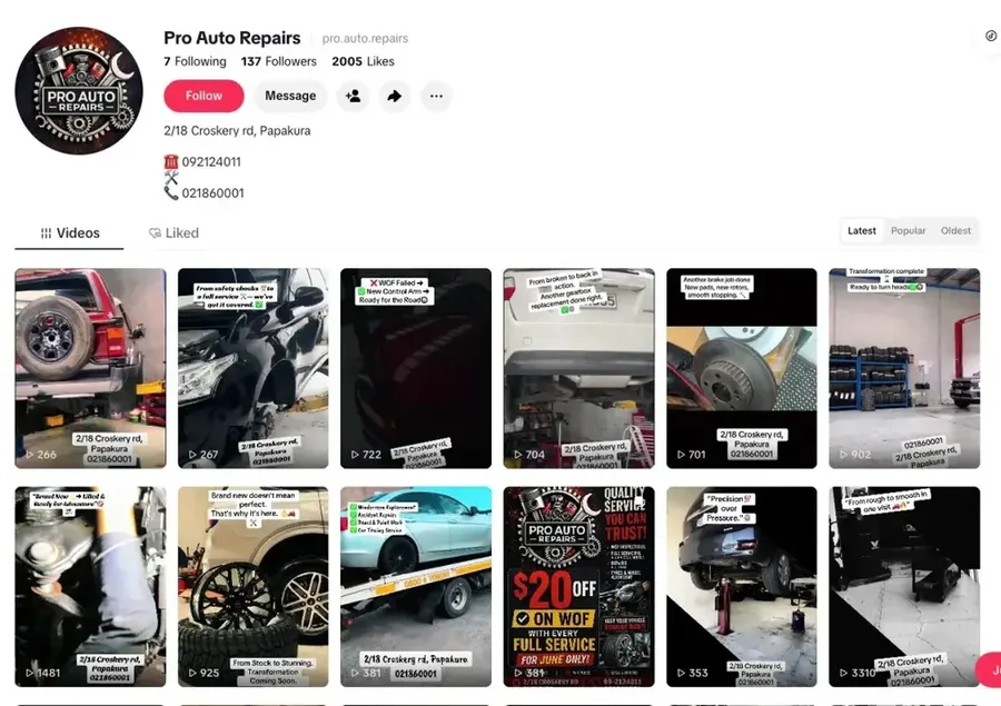 Pro Auto Repairs TikTok profile showing 63 videos